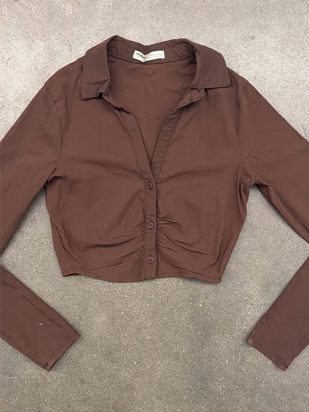 Pull&Bear Brown Cropped Button-Front Long Sleeve Shirt